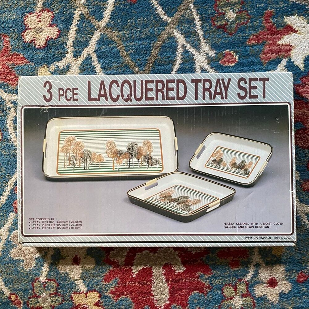 Vintage Set JAPAN Nesting Lacquerware Serving Trays Cream Trees